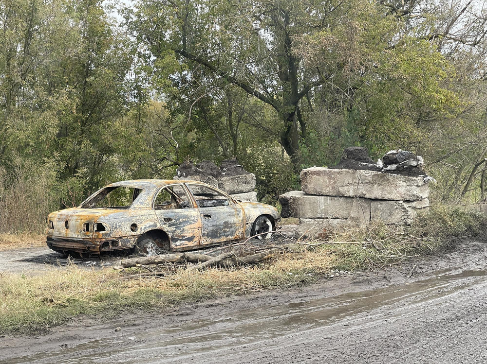 A destroyed car in Balakliia seen on Tuesday.