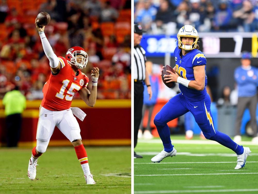 Left: Quarterback Patrick Mahomes of the Kansas City Chiefs passes during a 2017 game. Right: Los Angeles Chargers quarterback Justin Herbert looks to pass in a game last year.