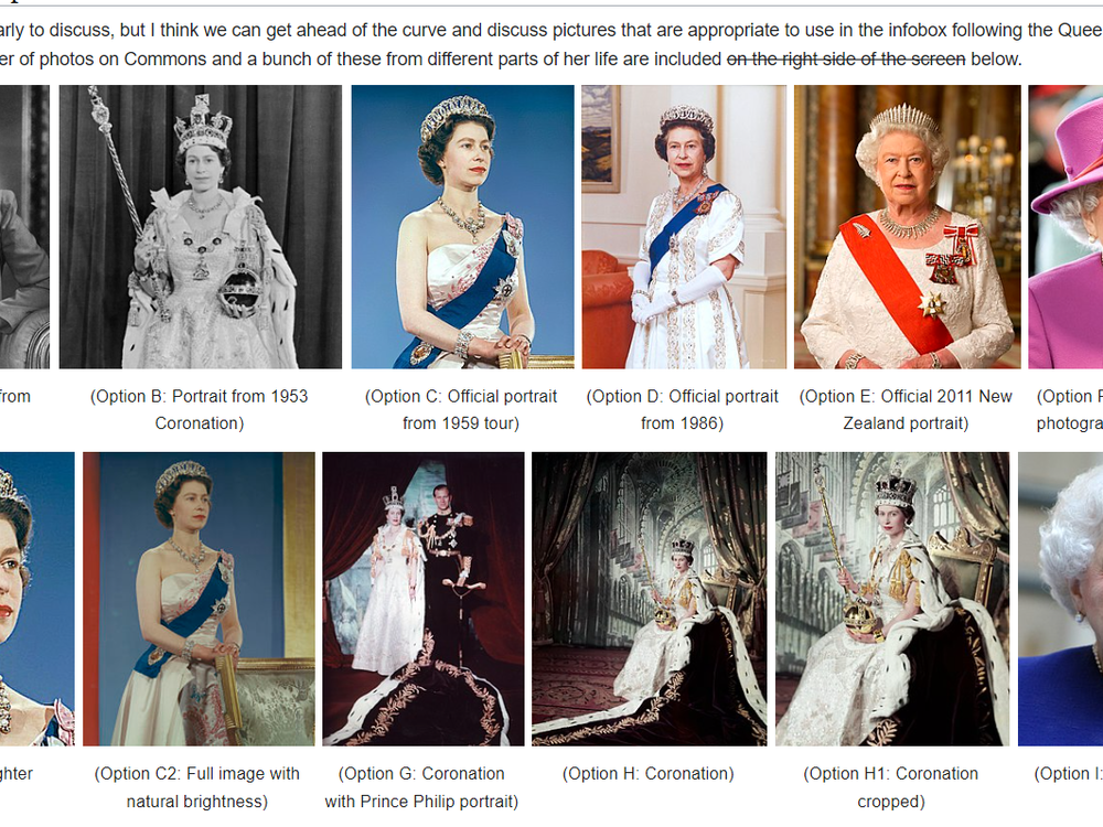 After Queen Elizabeth II's death was announced, Wikipedia editors discussed which historical photo to use for her page.