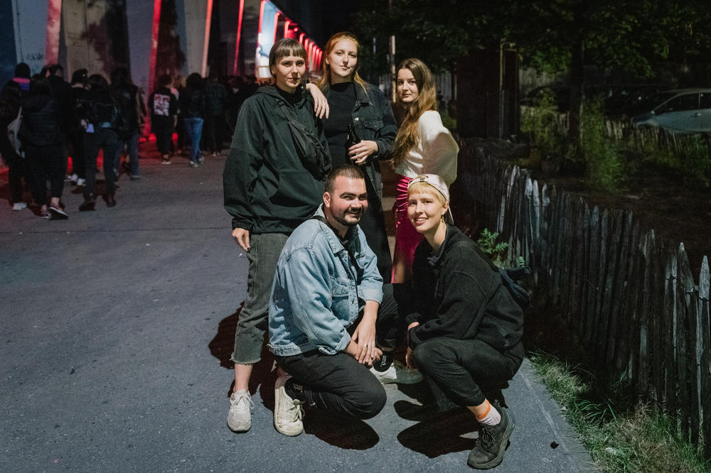 (From left to right, top) Katarina, 26, Klara, 23, Kristina, 26, and (from left, bottom) Pieter, 30, and Aurelia, 23, in line to enter Tresor in Berlin on Sept. 4.