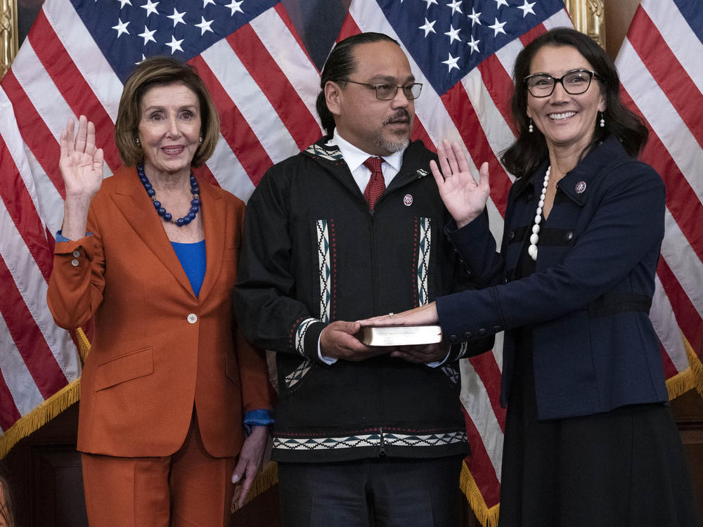 Speaker of the House Nancy Pelosi of Calif., administers the House oath of office to Rep. Mary Peltola, D-Alaska, during a ceremonial swearing-in on Capitol Hill in Washington on Tuesday, Sept. 13, 2022.