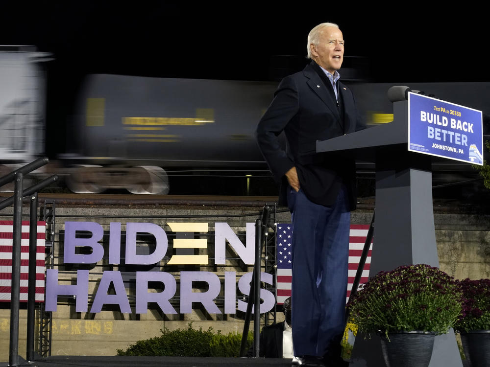 Then-Democratic presidential candidate Joe Biden speaks at the Amtrak Johnstown Train Station, Sept. 30, 2020, in Johnstown, Pa.