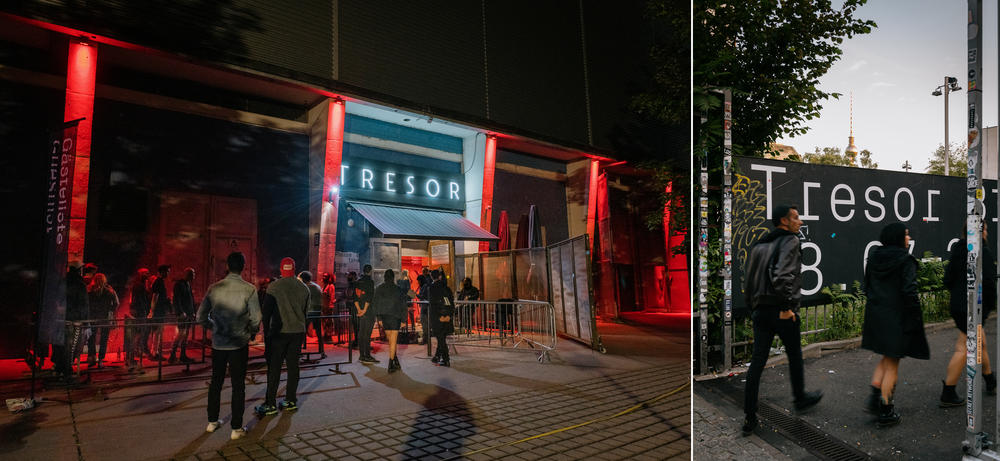 People line up to enter Tresor at 1:30 a.m. (left) and 6:45 a.m. (right) on Sept. 4.