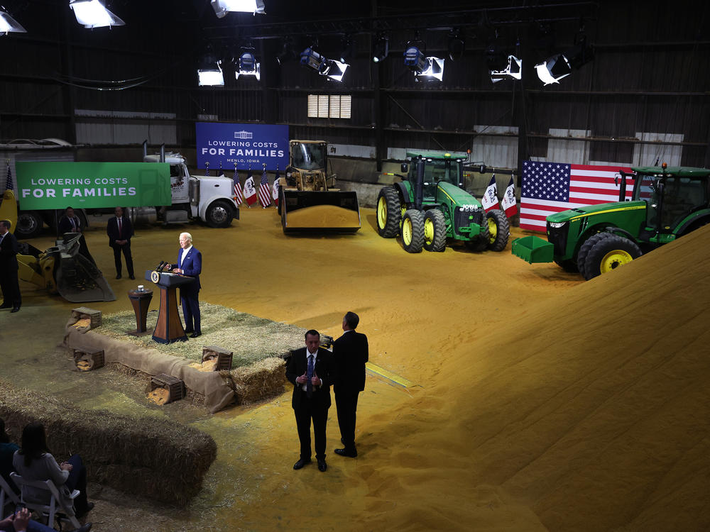 President Biden speaks during a visit to Menlo, Iowa, in April. The Inflation Reduction Act, passed by Democrats on a party-line vote, has added $20 billion to conservation programs aimed at helping farmers combat climate change.