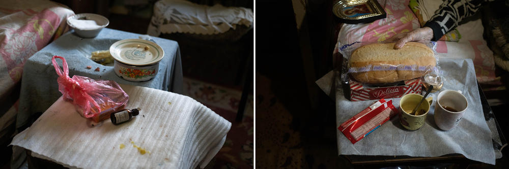 Left: Flies buzz around food remnants at Anna's home. She is partially blind. Right: Anna holds a loaf of bread that Domoratska brought her that day.