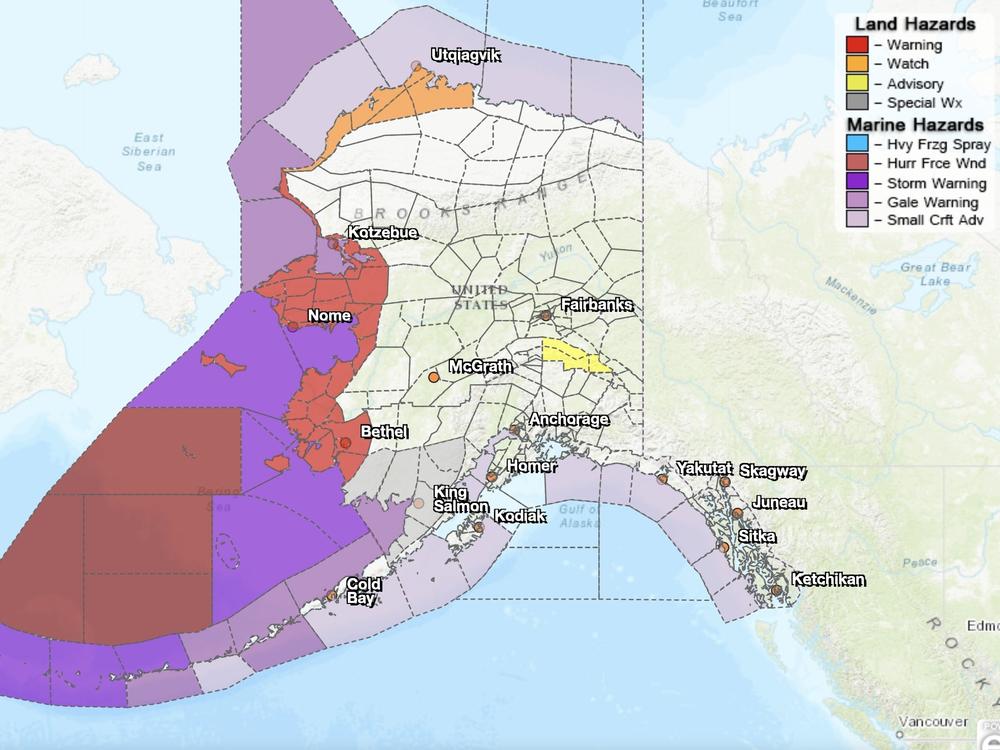 A National Weather Service map shows weather advisories and warnings blanketing essentially Alaska's entire coastline Friday, as a historic storm approaches from the Bering Sea.