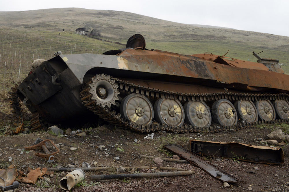 A picture taken on Nov. 30, 2020, shows what is said to be destroyed Armenian military hardware in the countryside outside the towns of Hadrut and Khojavend.