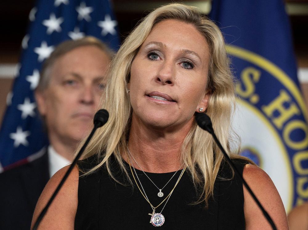 Republican Congresswoman Marjorie Taylor Greene of Georgia is shown here at a press conference in June 2021.