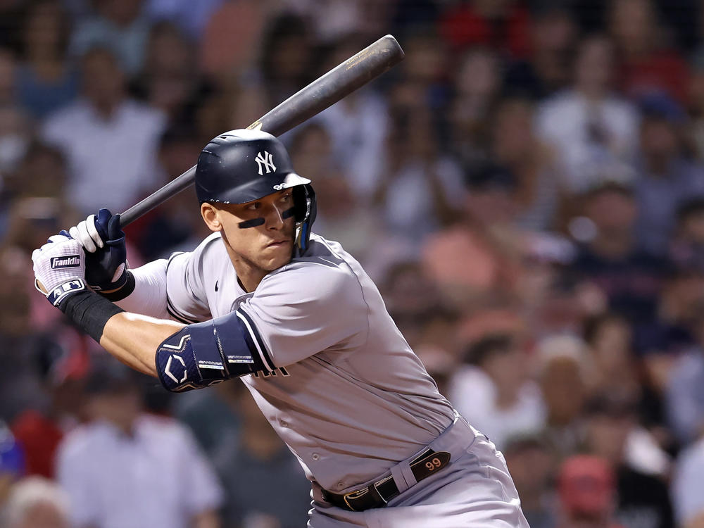 Aaron Judge #99 of the New York Yankees at bat against the Boston Red Sox during the fifth inning at Fenway Park on September 14, 2022 in Boston, Massachusetts.