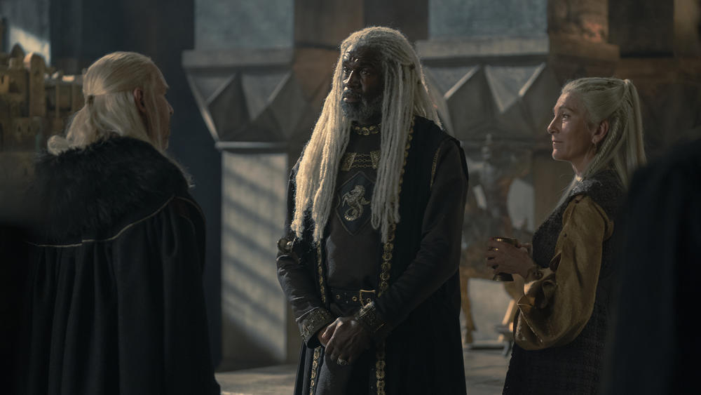 What's in a name? Viserys (Paddy Considine) gets flowery about the dowry with Corlys (Steve Toussaint) and Rhaenys (Eve Best).