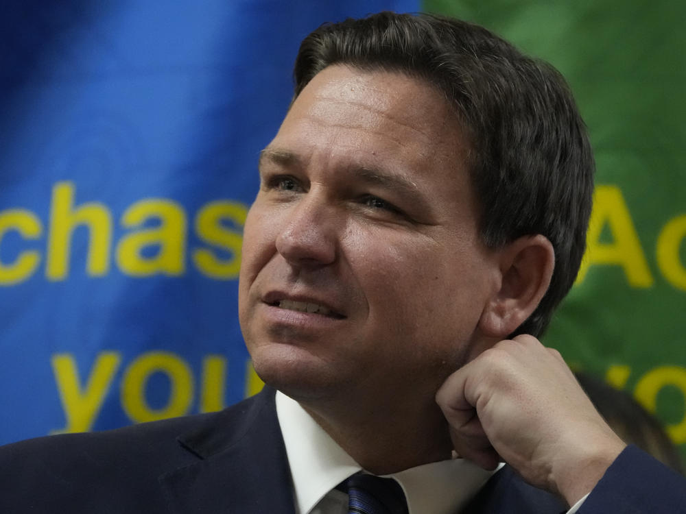 Florida Gov. Ron DeSantis during a press conference announcing expanded toll relief for Florida commuters, Wednesday, Sept. 7, 2022, in Miami, Fla.