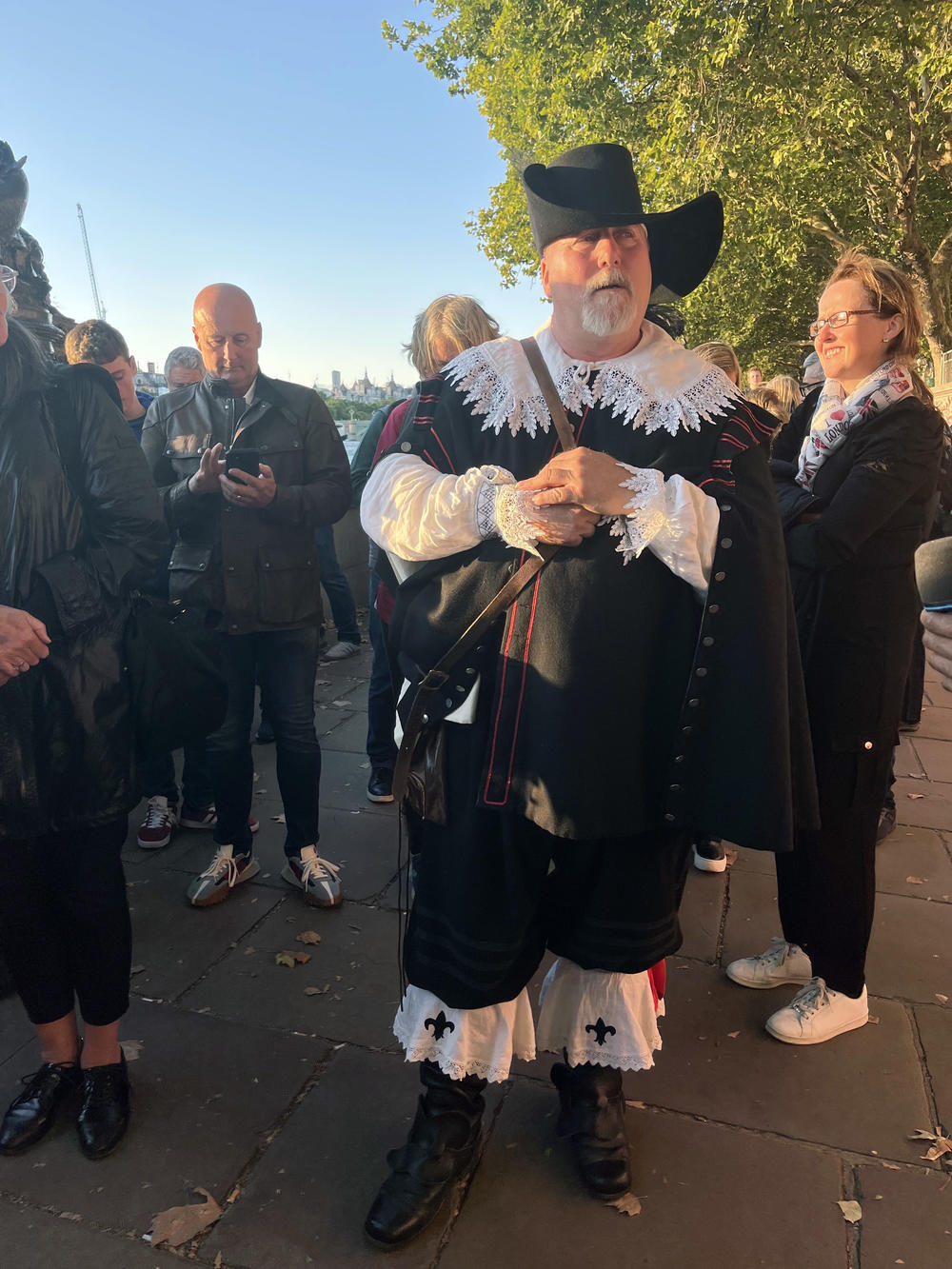 Stephen Hansen was dressed up as a 17th-century royalist. He estimated he had already walked some 22,000 steps in his leather boots.