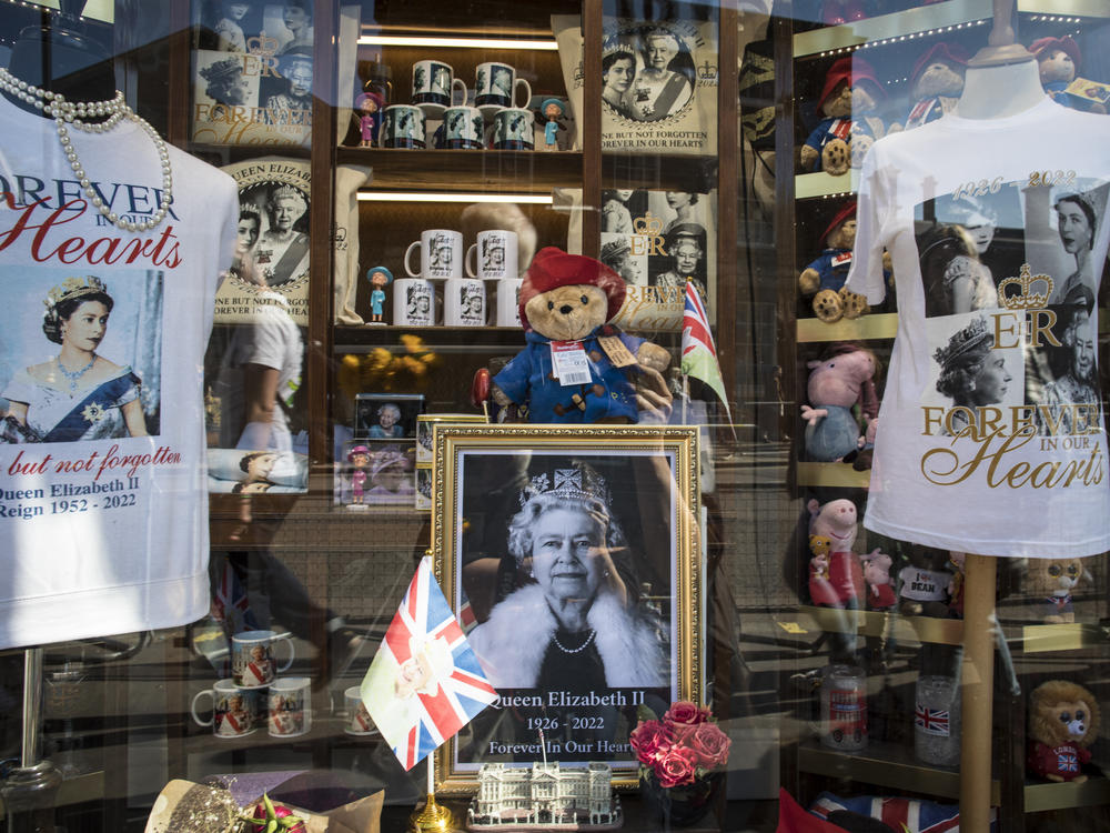 Souvenir shops sell memorabilia of the late Queen Elizabeth II near Buckingham Palace in London.