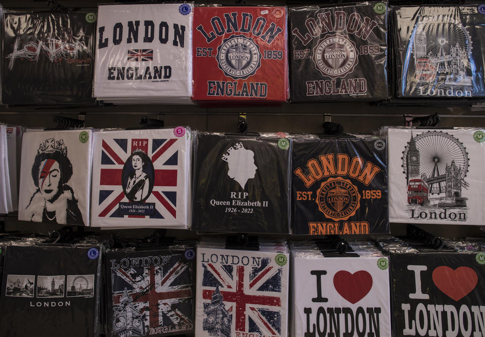 Selections at gift shops included t-shirts with pictures of the queen at different ages, overlaid with the words 