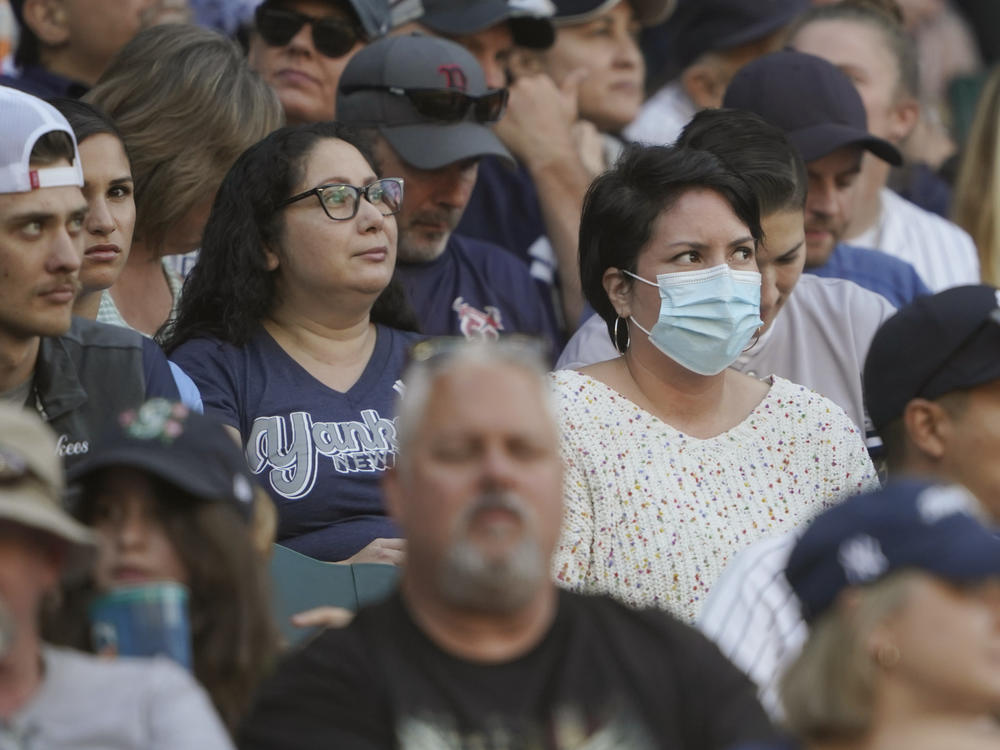 A person in the stands wears a mask before Dr. Anthony Fauci threw out the first pitch, at a baseball game between the Seattle Mariners and the New York Yankees, on Aug. 9 in Seattle. Fauci is President Biden's chief medical adviser and director of the National Institute of Allergy and Infectious Diseases.