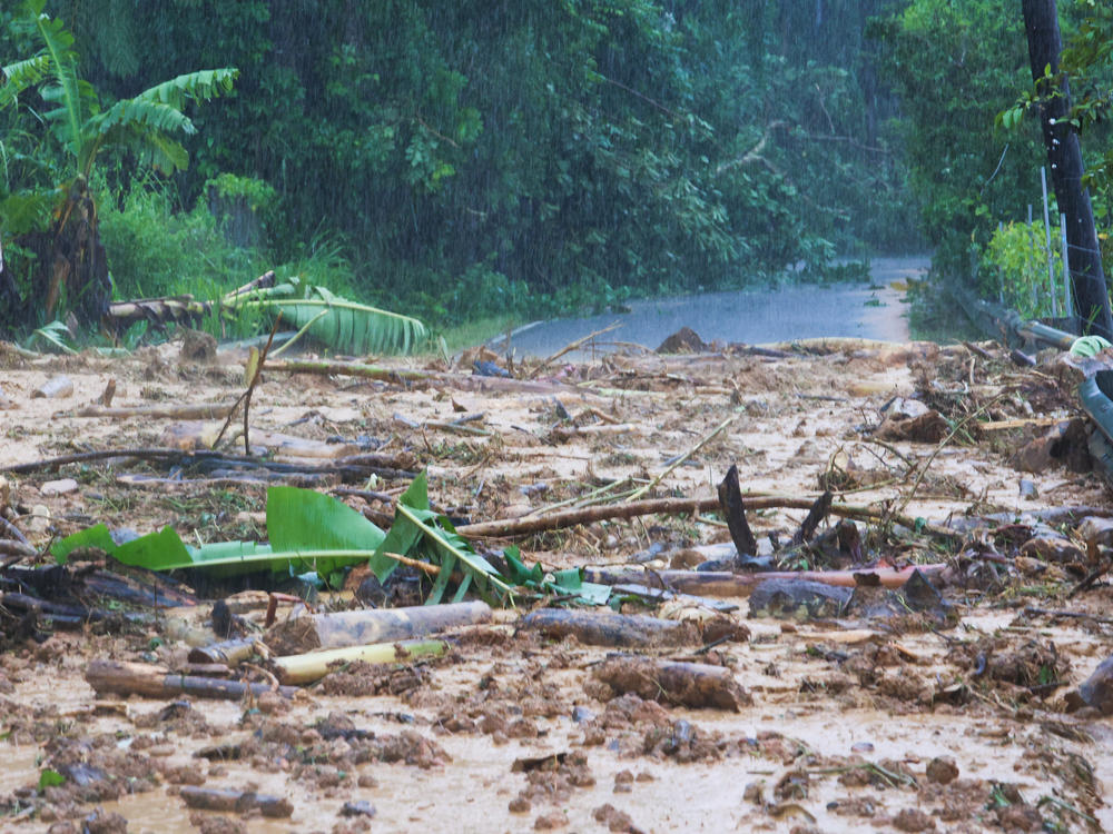A road is blocked by a mudslide caused by Hurricane Fiona in Cayey, Puerto Rico, Sunday, Sept. 18, 2022.