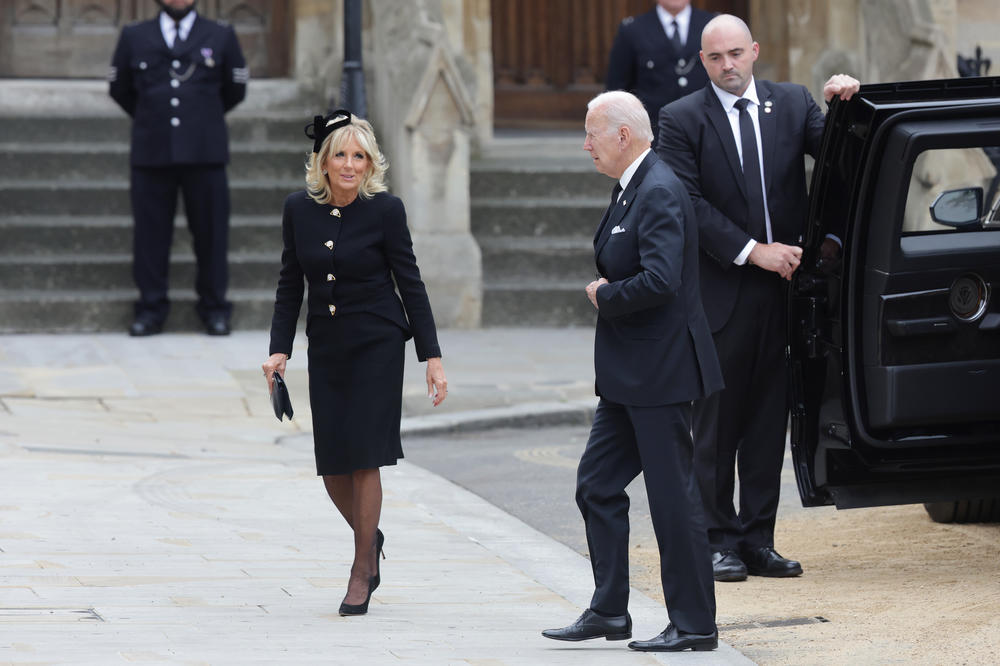 First Lady Jill Biden and U.S. President Joe Biden arrive ahead of the state funeral of Queen Elizabeth II at Westminster Abbey in London on Monday.