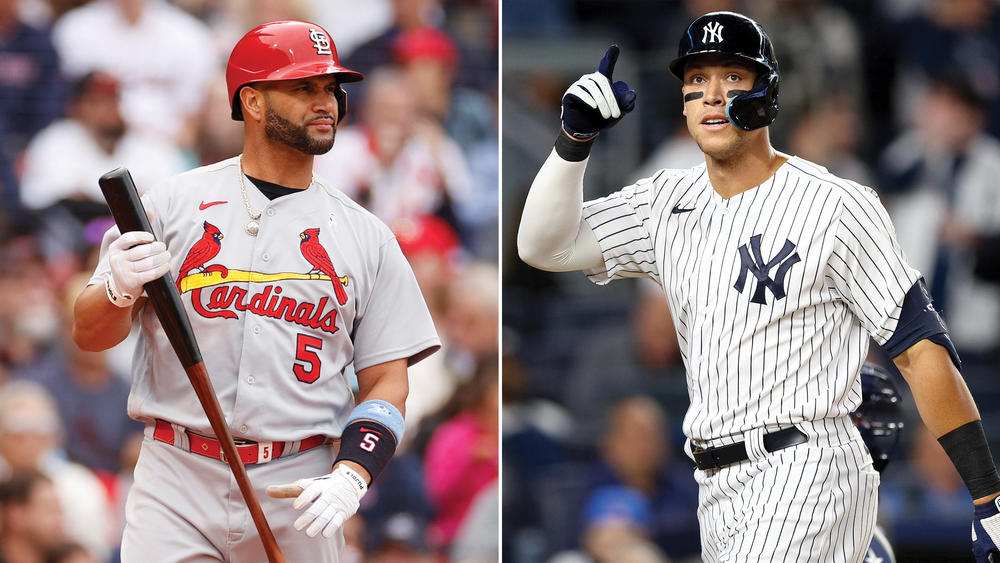 Albert Pujols (left) has been a superlative hitter over 22 seasons, putting him near 700 career home runs. Aaron Judge (right) is just shy of breaking the American League home run record.