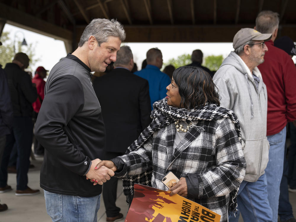 U.S. Rep. Tim Ryan, Democratic candidate for U.S. Senate in Ohio, greets supporters during a rally on May 2, 2022 in Lorain, Ohio.