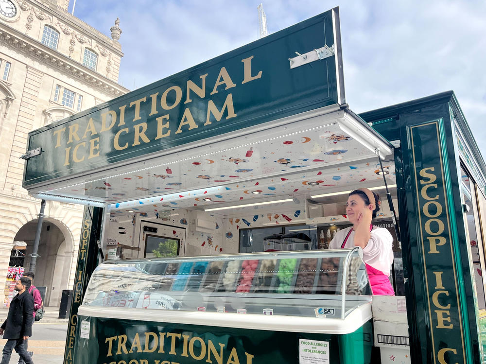 Frida Cakmak at the ice cream truck where she works in London's busy Piccadilly Circus on Tuesday.