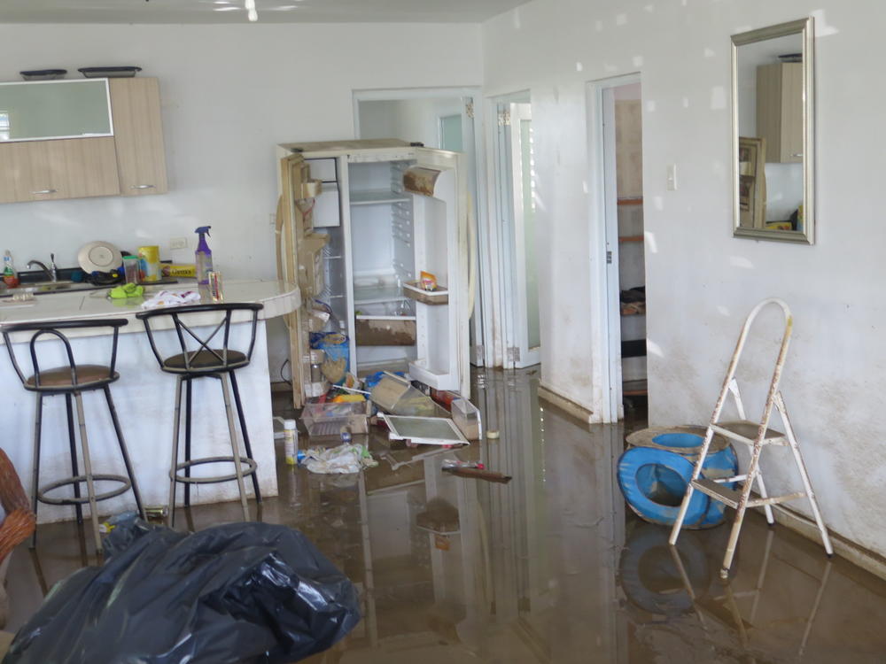 The interior of Gilbert Hernandez's house in Toaville is filled with water. After fighting with his insurance company to fix the damage after Hurricane Maria five years ago, he's not willing to do that again.
