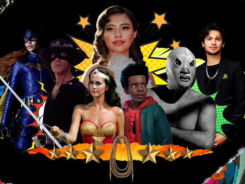 Leslie Grace (left), Antonio Banderas, Lynda Carter, Xochitl Gomez, Miles Morales (voiced by Shameik Moore), El Santo and Xolo Maridueña have played or are in production to play superheroes.