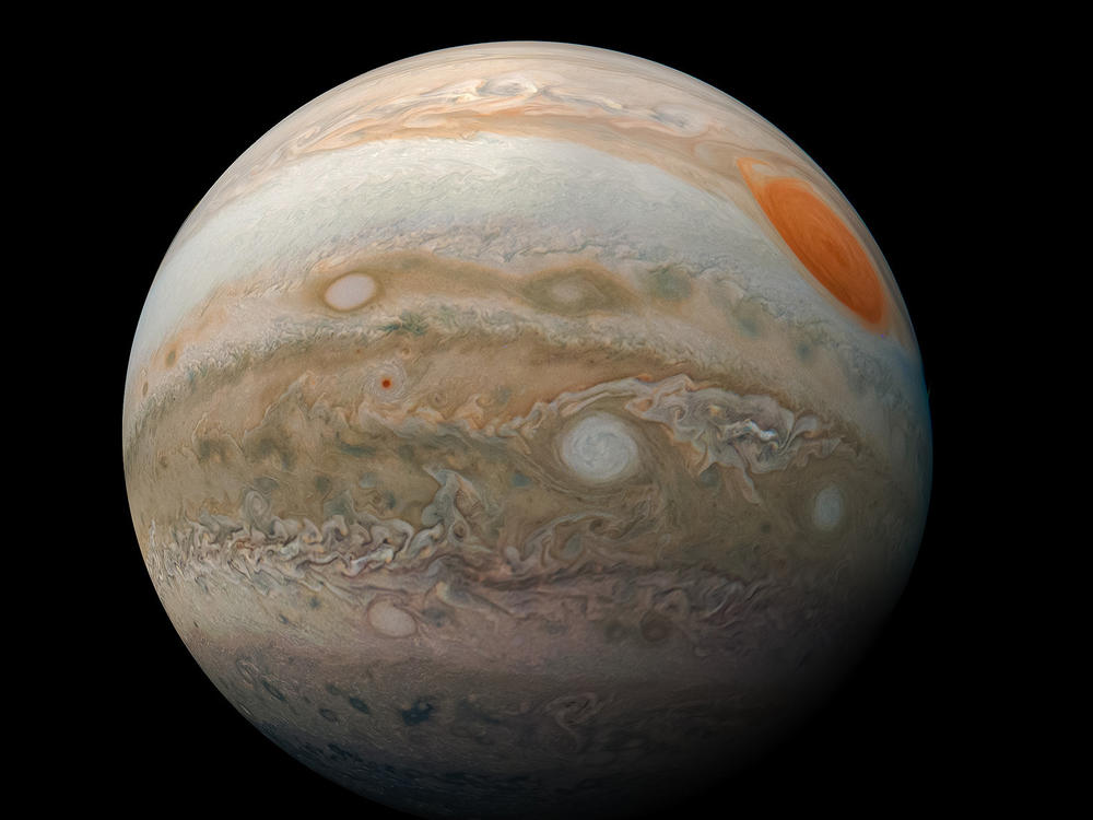 A view of Jupiter's Great Red Spot and turbulent southern hemisphere was captured by NASA's Juno spacecraft in 2019.
