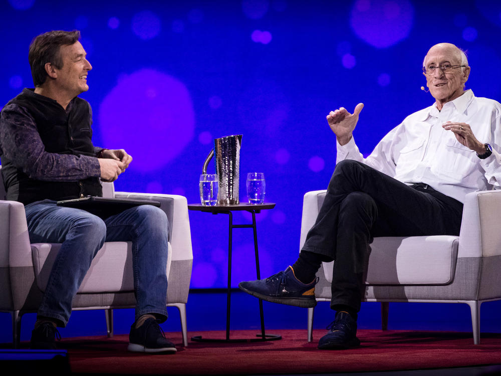 Chris Anderson interviews Stewart Brand (right) at TED2017.