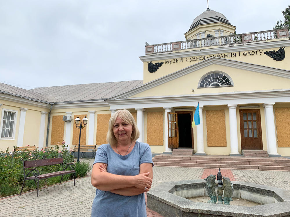 Tetiana Mitkovska, a historian who runs Mykolaiv's shipbuilding museum, in front of the museum on Aug. 4.