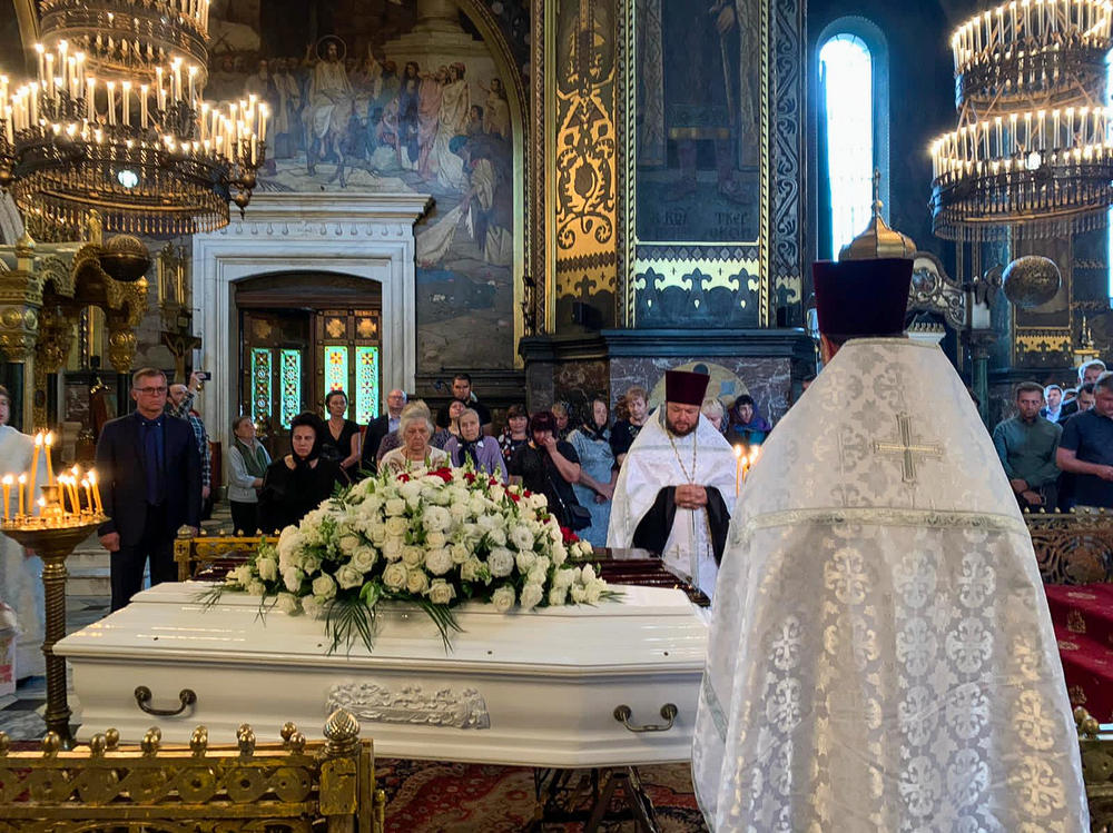 The funeral for agribusiness entrepreneur Oleksiy Vadaturskyi, one of Ukraine's richest men, and his wife Raisa Vadaturska in Kyiv on Aug. 5. The funeral was held in Ukraine's capital for safety reasons. A Russian airstrike killed the couple in their home in the southern city of Mykolaiv.