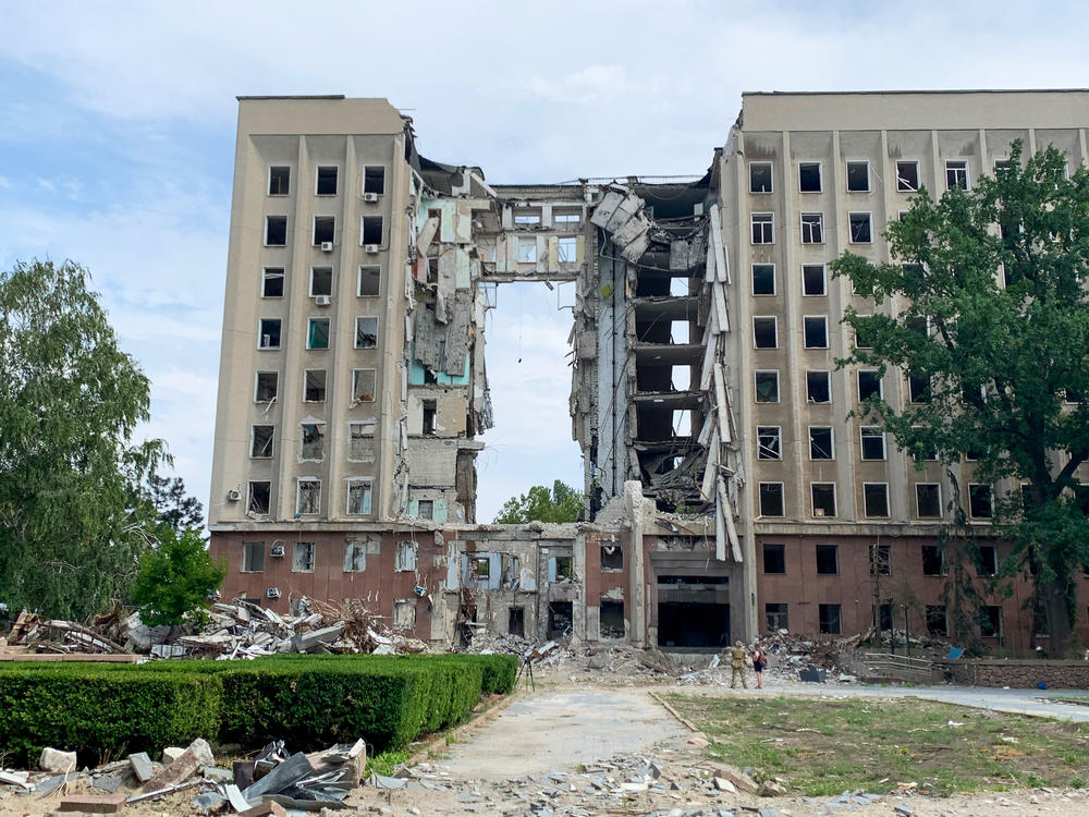 The building housing Mykolaiv's regional government, bombed early in the war, lies in ruins on Aug. 11. Governor Vitaliy Kim says he knew he was the target 