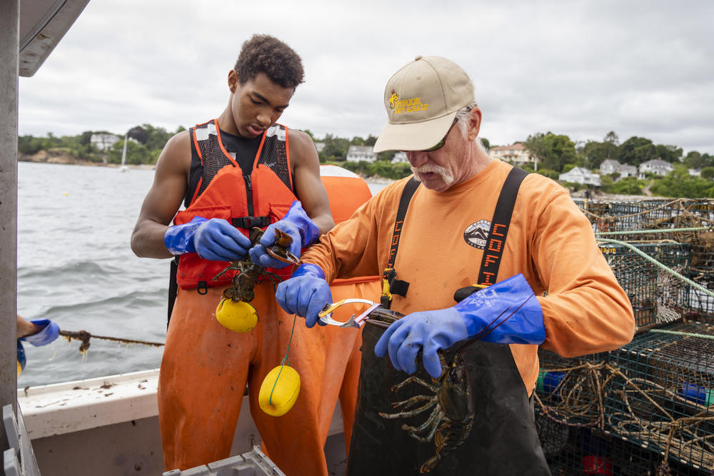 Josh Lamour (left) and Jeff Holden place rubber bands on lobster claws aboard Sea Smoke.