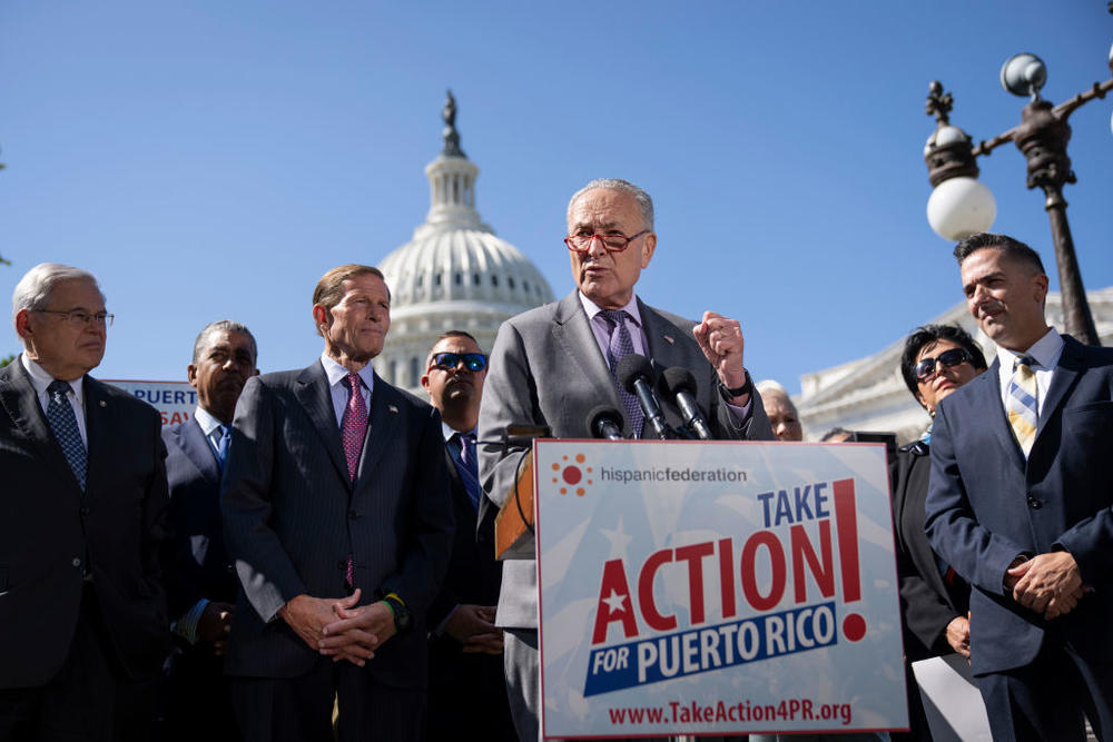Sen. Chuck Schumer, D-N.Y., speaks during a Capitol Hill news conference about Hurricane Fiona's effect on Puerto Rico. Schumer has said 