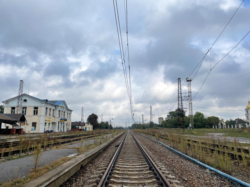 The train tracks at the railway station in Kozacha Lopan, looking north towards the Russian border, on Sunday.