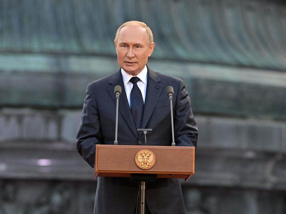 Russian President Vladimir Putin gives a speech Wednesday at a ceremony. In separate remarks, Putin said Russia will mobilize additional troops to fight in Ukraine and he expressed support for referendums in parts of Ukraine on joining Russia.