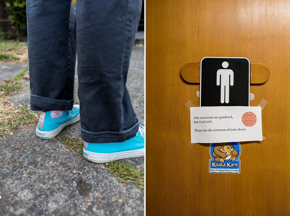 Reverend AJ Buckley wear trans pride themed shoes at St. David of Wales Episcopal Church. Signs at the church welcome people to use the bathroom of their choice.