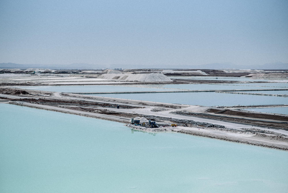 Evaporation pools at the Albemarle mine on Aug. 24.