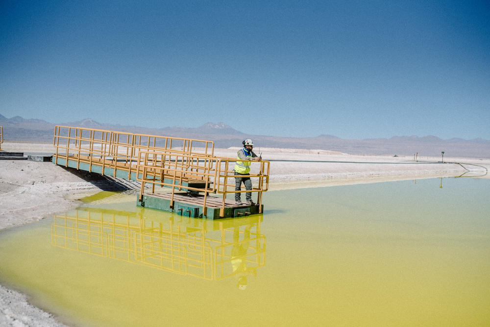 Pools of groundwater brine that are in the final stage of evaporation at the Albemarle mine on Aug. 24.