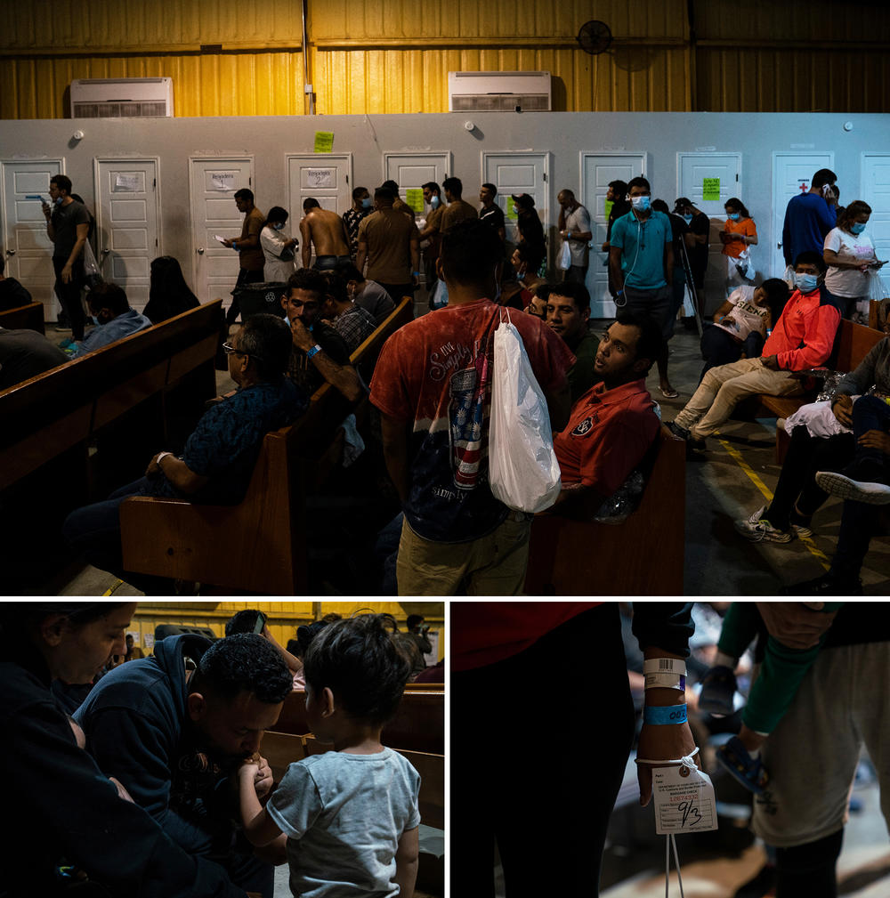 Migrants including Denny Velasco and his family, wait at Mission: Border Hope in Eagle Pass, Texas, to board the buses to continue their journey in the United States.