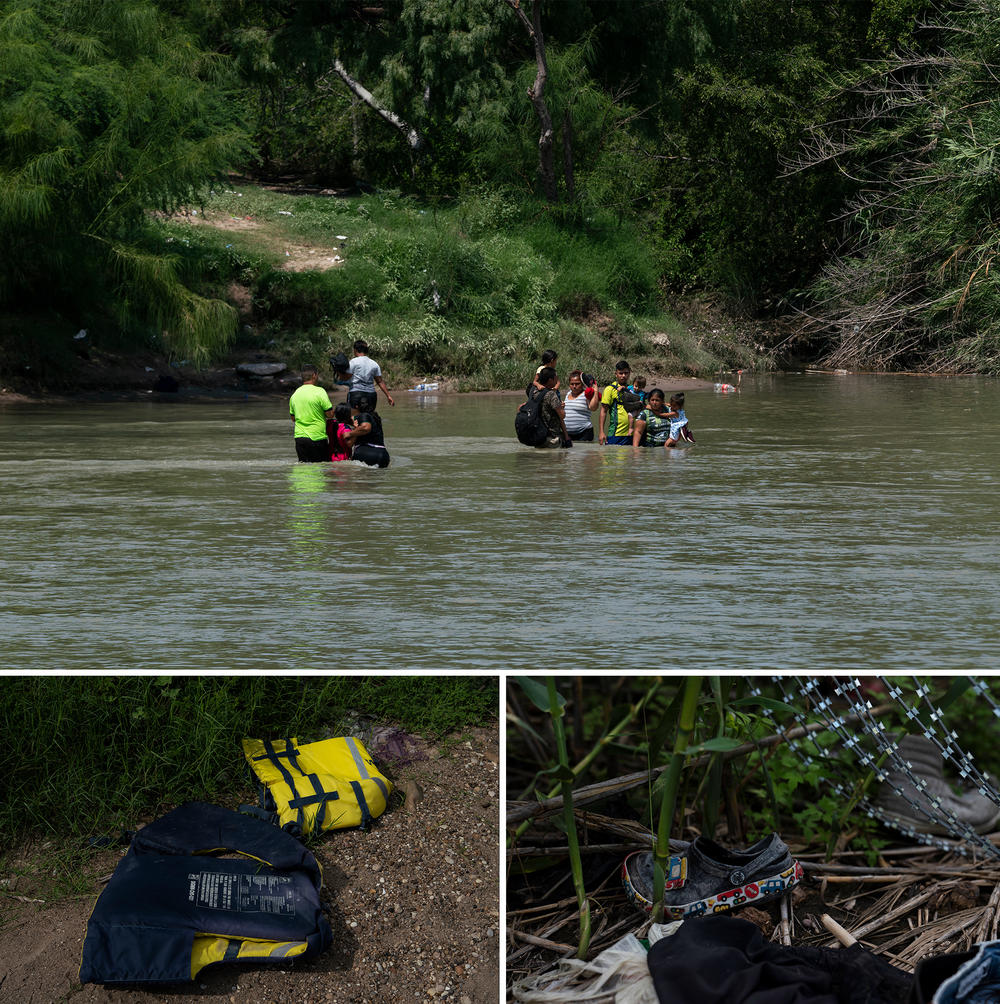 A group heads back to Mexico after trying to cross the Rio Grande in Eagle Pass, Texas. Life vests and other discarded belongings are seen near the river.