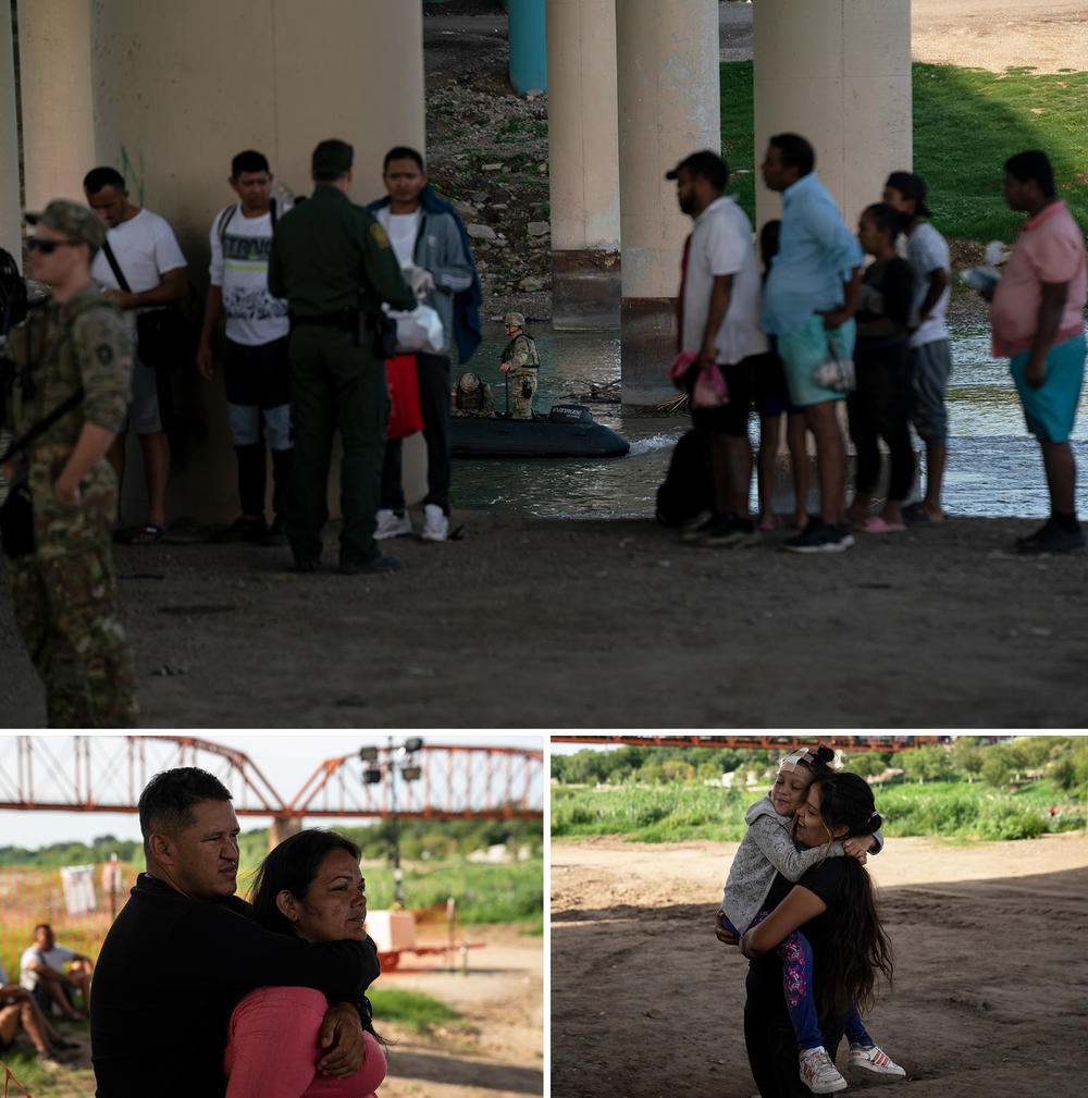 Migrants frequently cross the Rio Grande under an international bridge in downtown Eagle Pass. Venezuelan asylum seekers Darwin Sánchez and Marli Herrera, left, and Leidy Leal and Raullys Olivares, right, wait to be processed by border patrol.