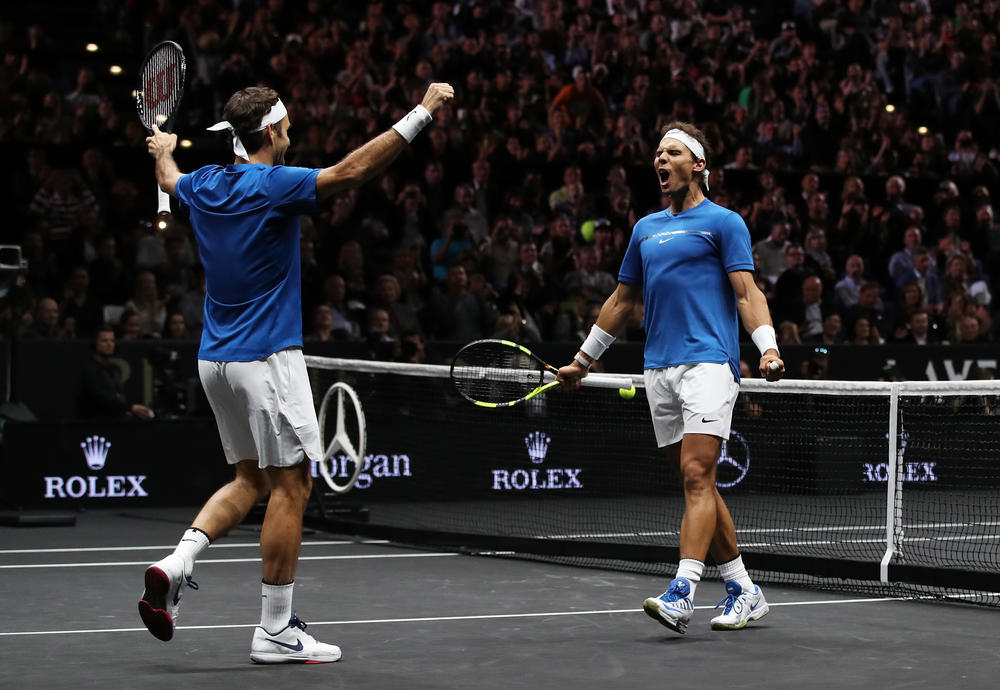 Roger Federer and Rafael Nadal celebrate during the Laver Cup in Prague, Czech Republic, in September 2017.
