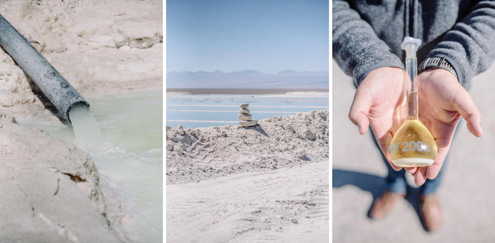 Left: Lithium mines extract groundwater brine that is 10 times saltier than seawater. It is evaporated over 18 months into a 6% lithium solution. Center: Piles of salt, a byproduct of the evaporation process. Right: A sample of lithium concentrate ready to be transported to a plant for purification.