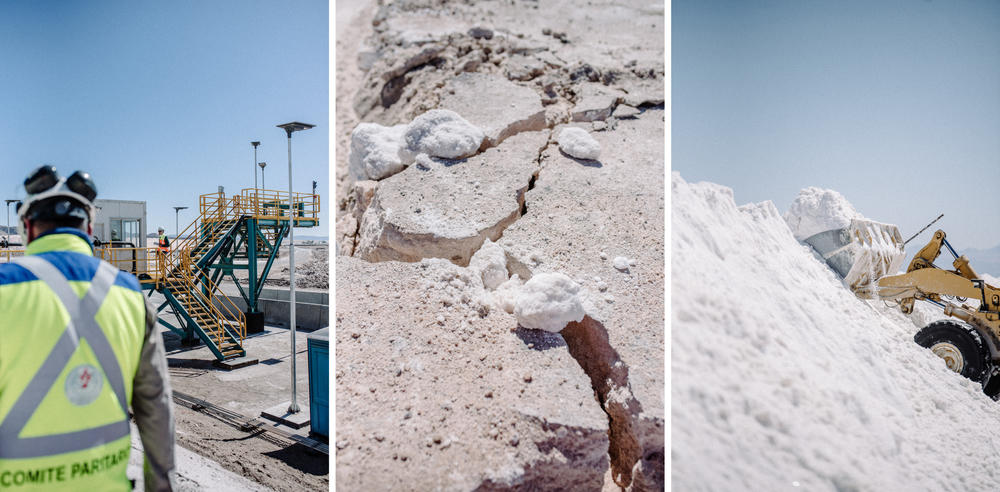 Left: Workers monitor the 150 precipitation pools at the Albemarle mine. Center and right: Salt, a byproduct of the brine evaporation process, is piled up at the Albemarle lithium mine in the Atacama Desert on Aug. 24.