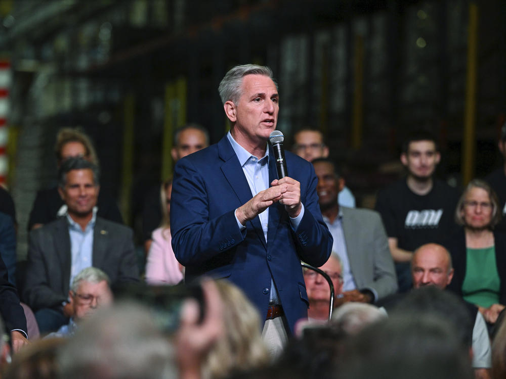 House Minority leader Kevin McCarthy speaks in Monongahela, Pa., on Friday, about Republicans' agenda if they regain control of the House in the midterm elections.