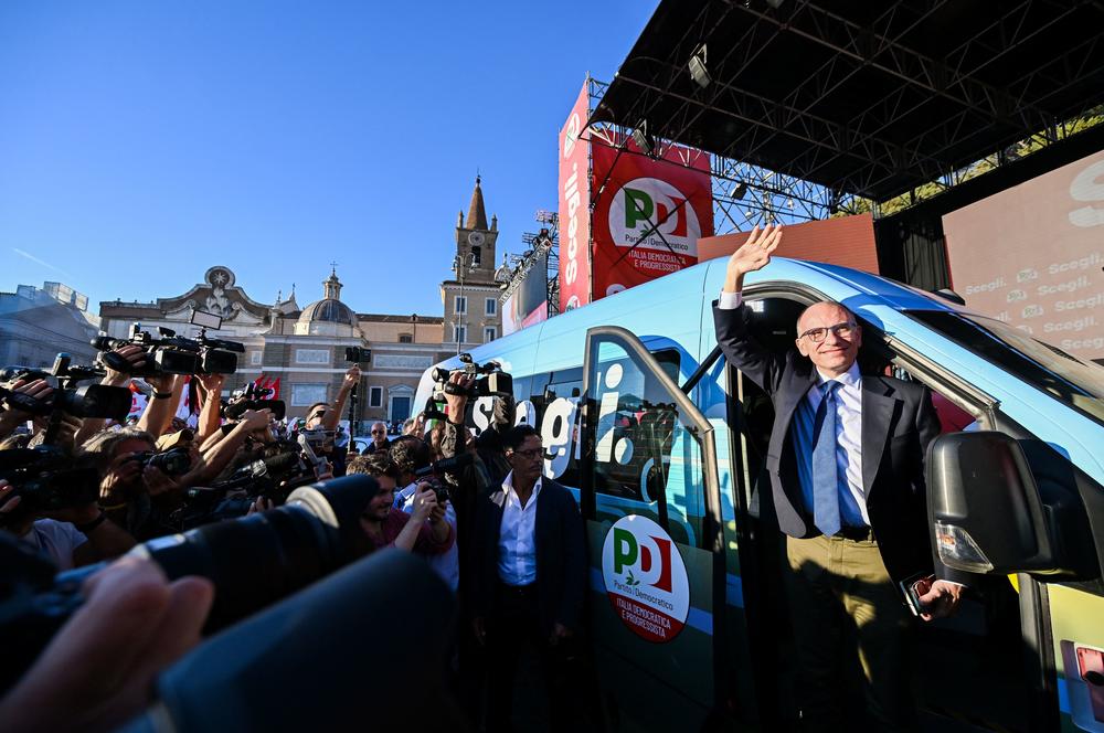 Enrico Letta, leader of the center-left Democratic Party, arrives at Piazza del Popolo in Rome Friday to hold a rally closing his party's campaign for Sunday's general election.