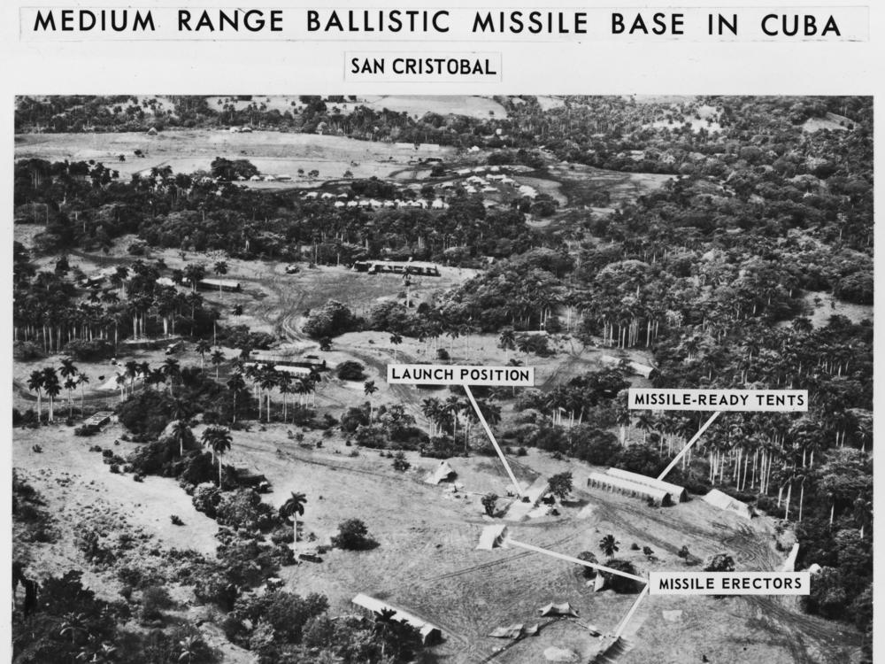 A U-2 spy photo shows a medium-range ballistic missile base in San Cristobal, Cuba, with labels detailing various parts of the base in October 1962.