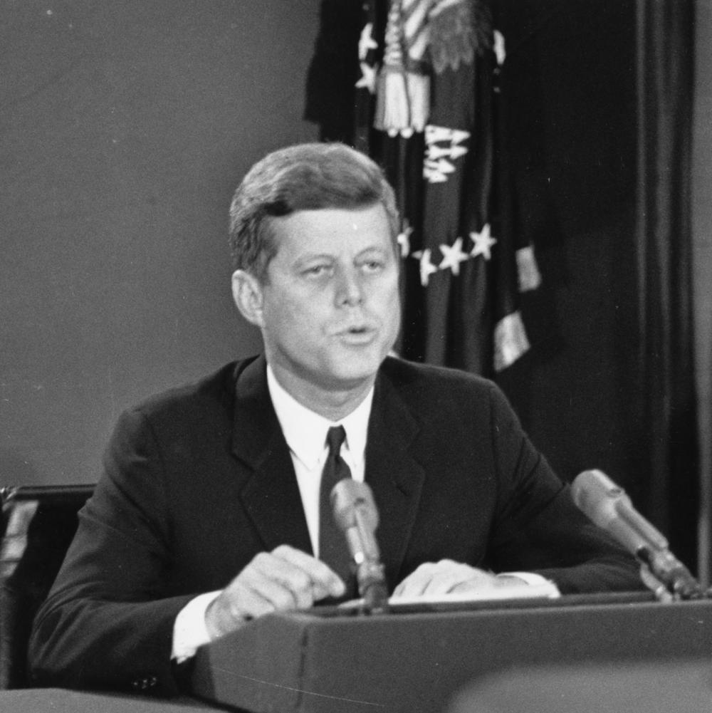 President John F. Kennedy makes his dramatic television broadcast to announce a blockade of Cuba on Oct. 22, 1962.