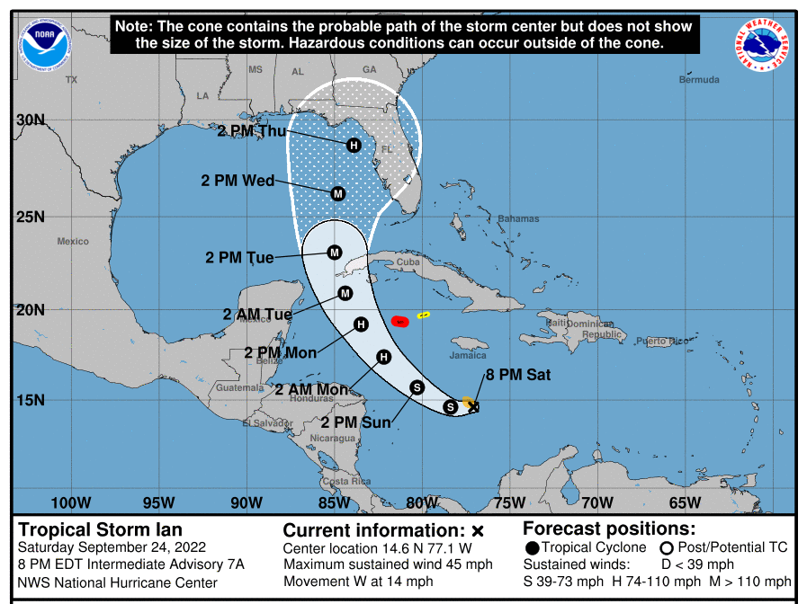 An image from the National Oceanic and Atmospheric Administration shows the projected path of Tropical Storm Ian.