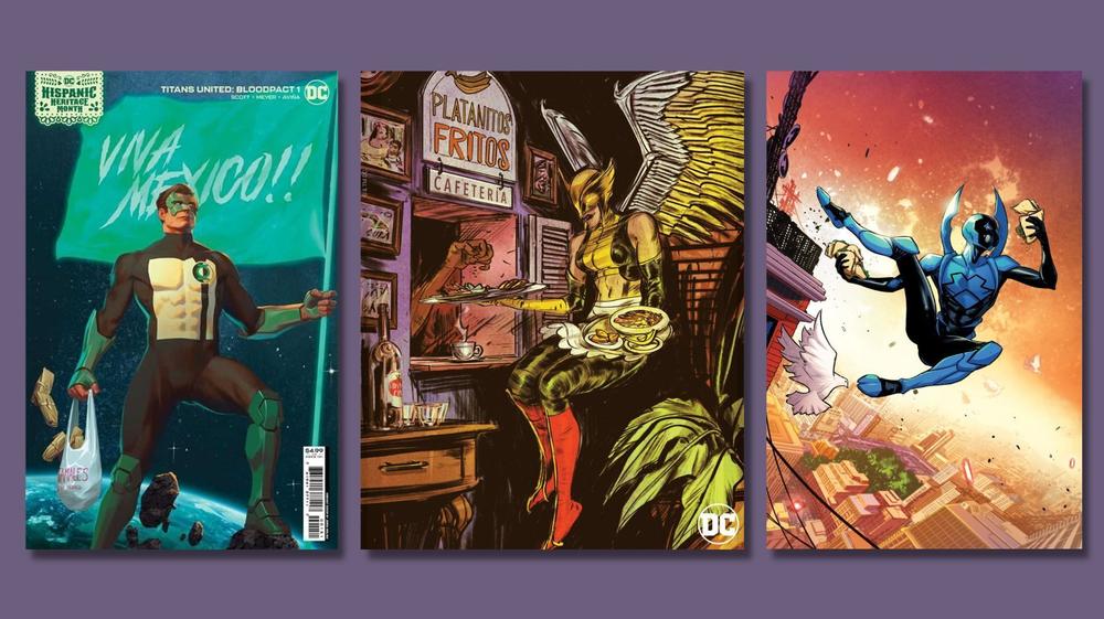 DC Comics covers featuring Green Lantern holding tamales, Hawkwoman holding platanos fritos, and Blue Beetle holding tacos.